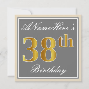 Invitation Elégant, gris, Faux Gold 38ème anniversaire + Nom
