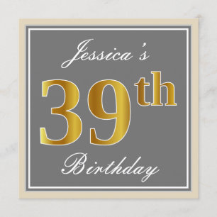 Invitation Elégant, gris, Faux Gold 39e anniversaire + Nom