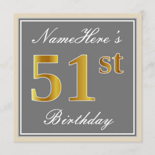 Invitation Elégant, gris, Faux Gold 51e Anniversaire + Nom