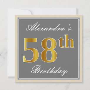 Invitation Elégant, gris, Faux Gold 58ème anniversaire + Nom