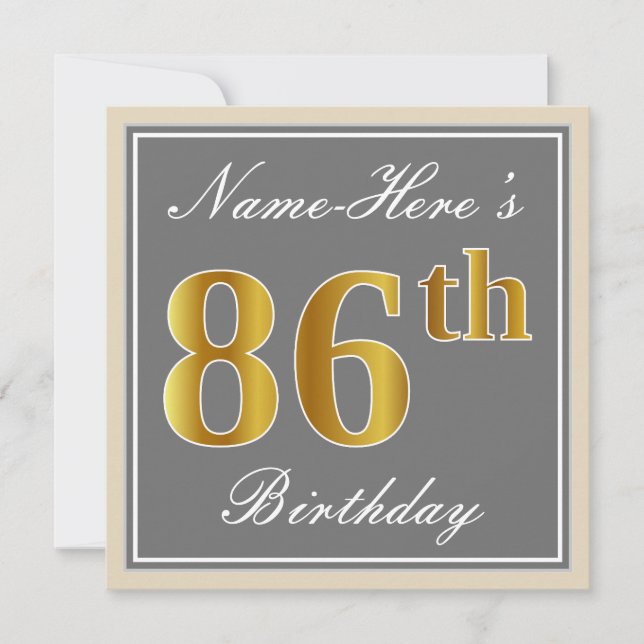 Invitation Elégant, gris, Faux Gold 86e anniversaire + Nom (Devant)