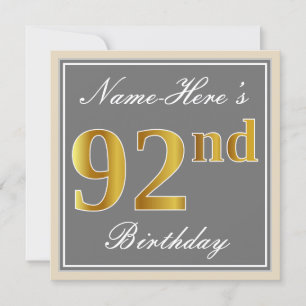 Invitation Elégant, gris, Faux Gold 92e anniversaire + Nom