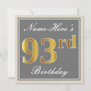 Invitation Elégant, gris, Faux Gold 93ème anniversaire + Nom