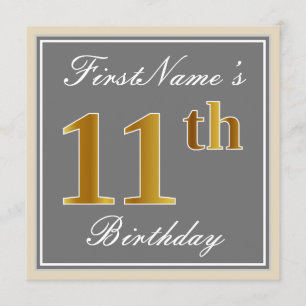 Invitation Elégant, gris, Faux Or 11ème anniversaire + Nom