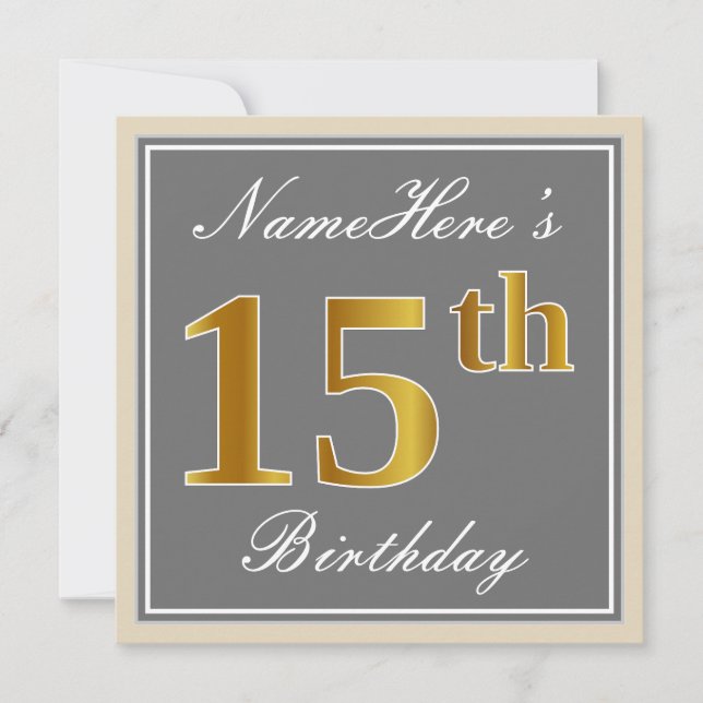 Invitation Elégant, gris, Faux Or 15ème anniversaire + Nom (Devant)