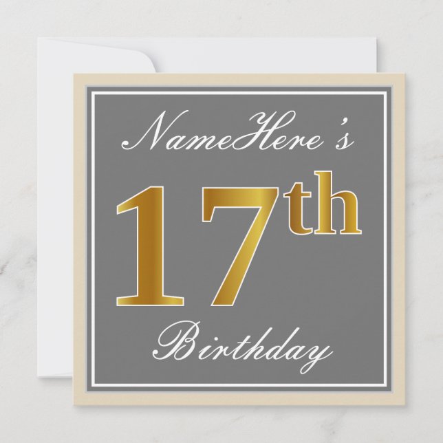 Invitation Elégant, gris, Faux Or 17ème anniversaire + Nom (Devant)