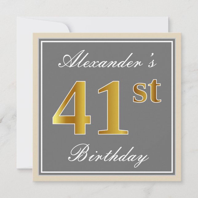 Invitation Elégant, gris, Faux Or 41ème Anniversaire + Nom (Devant)