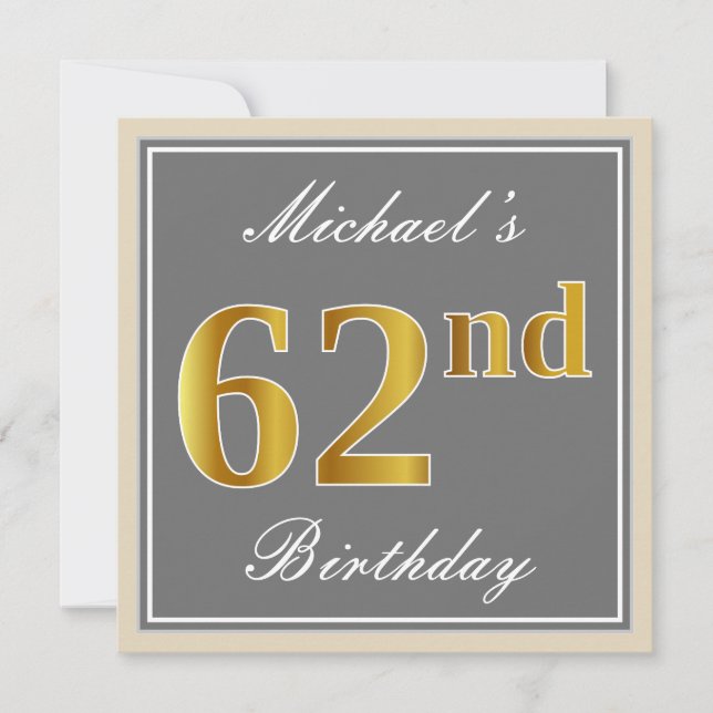 Invitation Elégant, gris, Faux Or 62ème anniversaire + Nom (Devant)