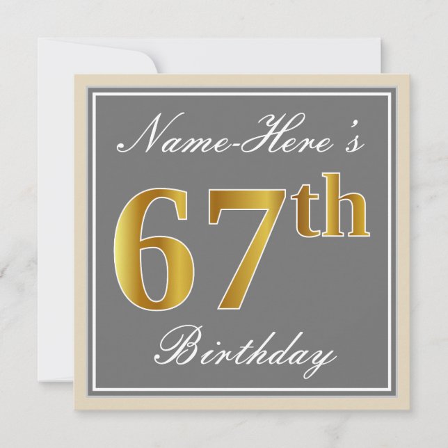 Invitation Elégant, gris, Faux Or 67ème anniversaire + Nom (Devant)