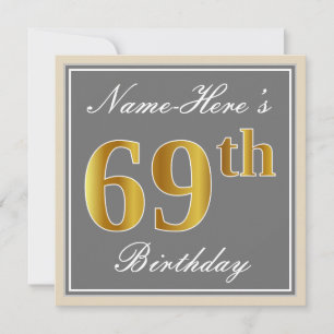 Invitation Elégant, gris, Faux Or 69ème anniversaire + Nom