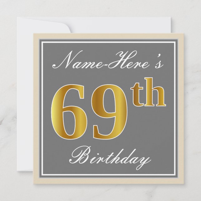 Invitation Elégant, gris, Faux Or 69ème anniversaire + Nom (Devant)