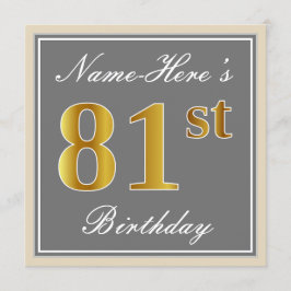 Invitation Elégant, gris, Faux Or 81ème Anniversaire + Nom