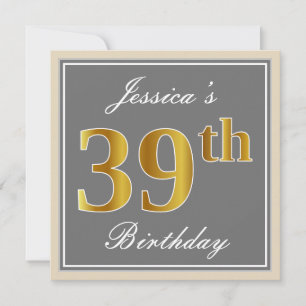 Invitation Élégant, Gris, Or Faux 39e Anniversaire + Nom