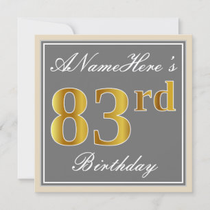 Invitation Élégant, Gris, Or Faux 83e Anniversaire + Nom