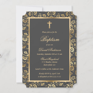 Invitation Élégant Gris Or Floral Garçon Baptême