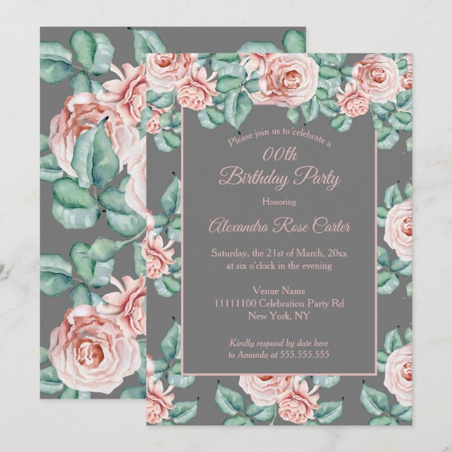 Invitation Elégant gris rose rose rose rose rose fête d'anniv (Devant / Derrière)