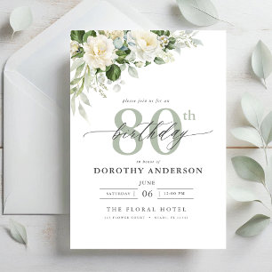 Invitation Elégant gris vert floral 80e anniversaire