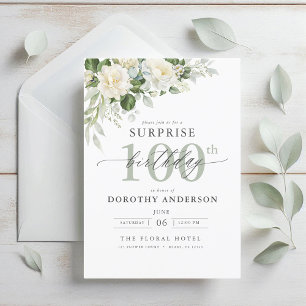 Invitation Elégant gris vert Floral Surprise Anniversaire
