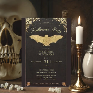 Invitation Élégant Halloween Gold Bat Noir Vintage