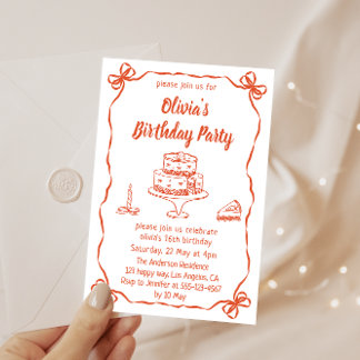 Invitation Elegant Hand-Drawn Cake & Ribbon Birthday Party