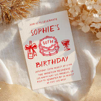 Invitation Elegant Hand Drawn Red Cake 30th Birthday