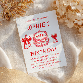 Invitation Elegant Hand Drawn Red Cake 30th Birthday