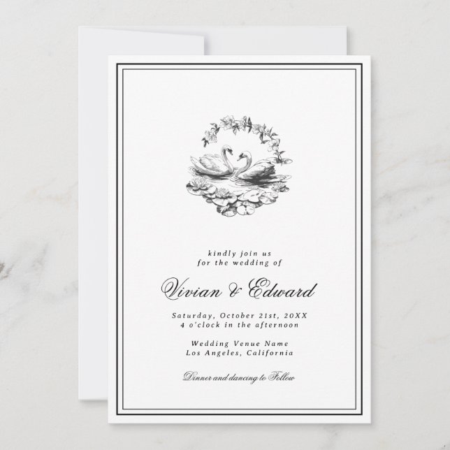 Invitation Elegant Hand Drawn Swan Vintage Botanical Wedding (Devant)