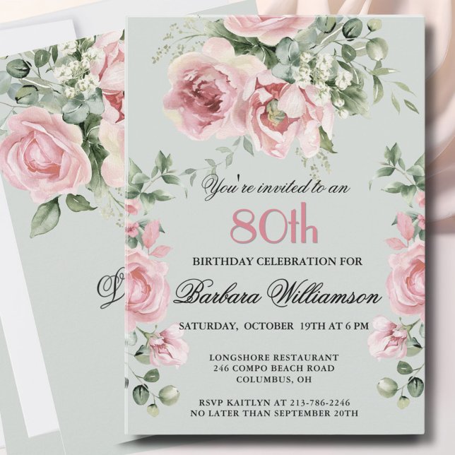 Invitation **Elegant Handpainted Roses 80th Birthday Party  (Créateur téléchargé)