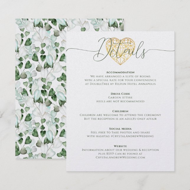 Invitation Elegant Heart Eucalyptus Foliage Détails du Mariag (Devant / Derrière)