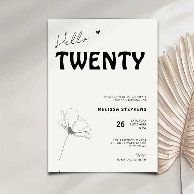 Invitation Elegant Hello Twenty Bold Typography 20th Birthday (Créateur téléchargé)