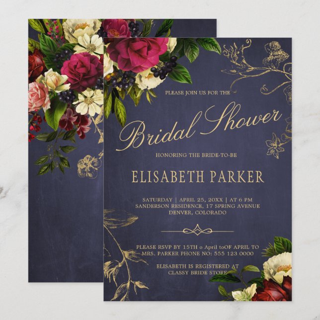 Invitation Elégant hiver fleuri marine bordeaux nuptiale douc (Devant / Derrière)