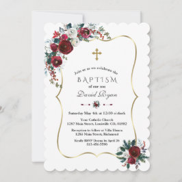 Invitation Élégant Hiver Fleurs Bourgogne Pine Baptême