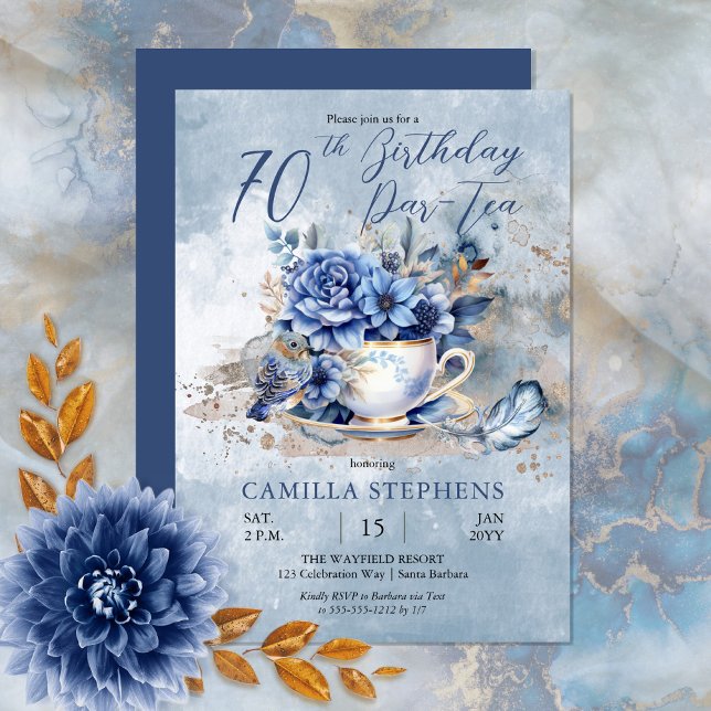 Invitation Elégant Hiver Floral Teacup 70e Anniversaire Par-T (Create a magical birthday celebration with this beautiful blue winter floral teacup and bird design.)