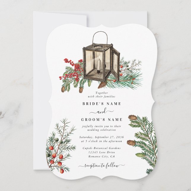 Invitation Élégant hiver Pins rustique Mariage de lanterne (Devant)