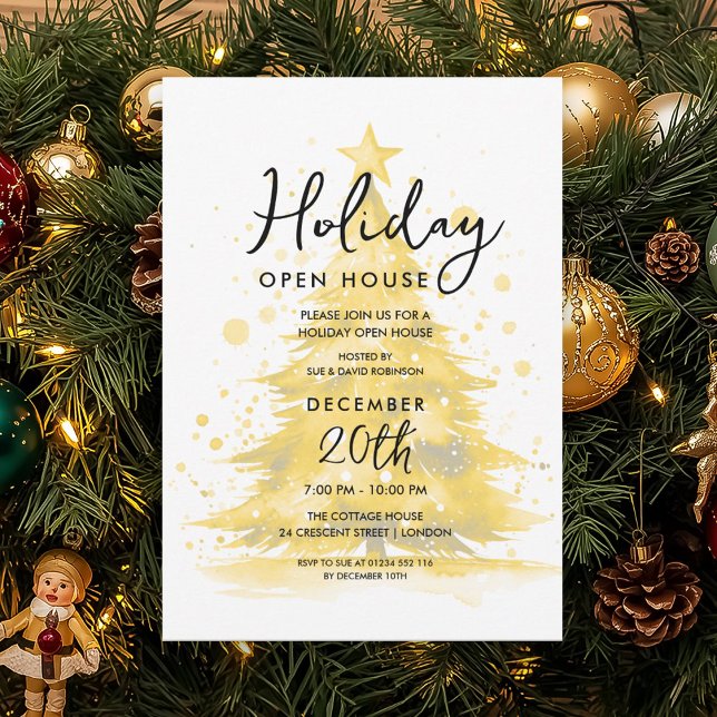 Invitation Elegant Holiday Open House Gold Hand Painted Tree (Elegant Holiday Open House Gold Hand Painted Tree Invitation)