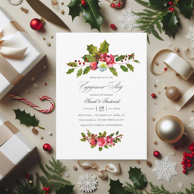 Invitation Elegant Holly et Ivy Christmas Engagement Party (Christmas Engagement Party Holly and Ivy Invite)
