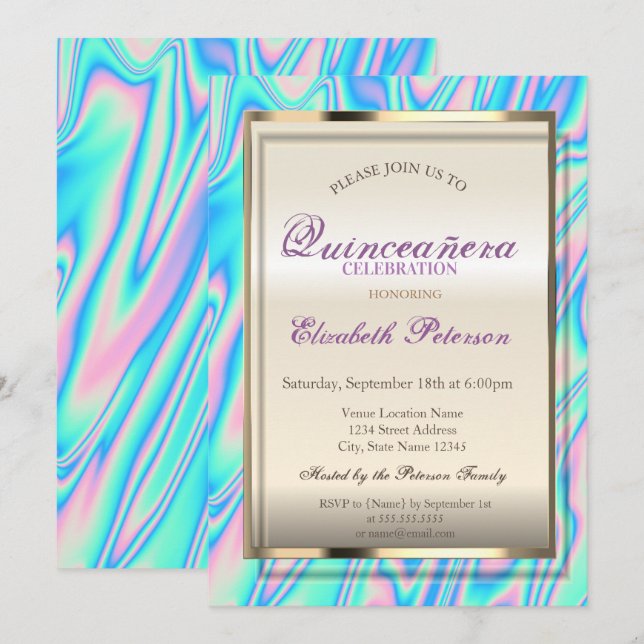 Invitation Elégant Holographique tendance Quinceañera (Devant / Derrière)