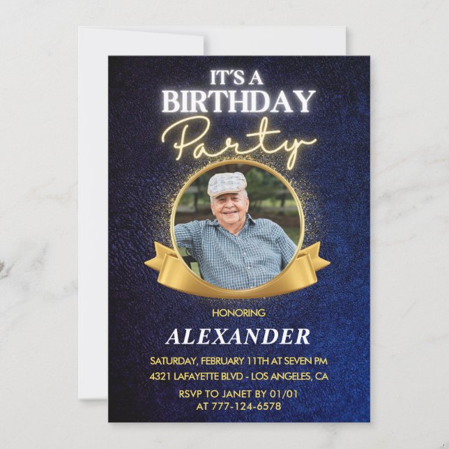 Invitation Elegant Homme Navy Photo 89e anniversaire (Devant)