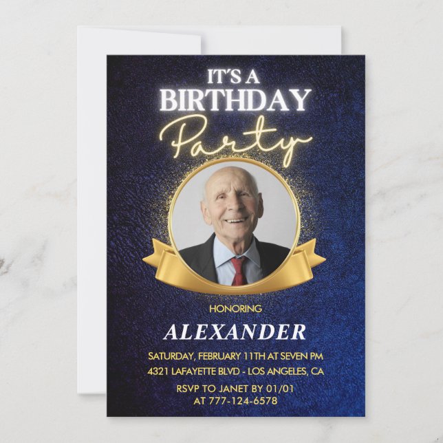 Invitation Elegant Homme Navy Photo 96e anniversaire (Devant)