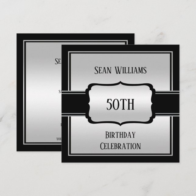 Invitation Elégant homme's Silver & Black 50e anniversaire (Devant / Derrière)