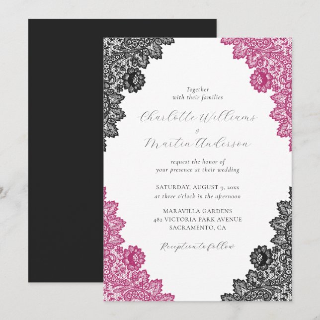 Invitation Elegant Hot Pink and Black Floral Lace Wedding (Devant / Derrière)