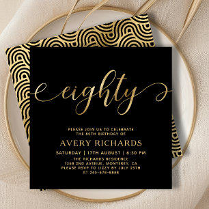 Invitation Elégant huit Gold Script noir 80e anniversaire