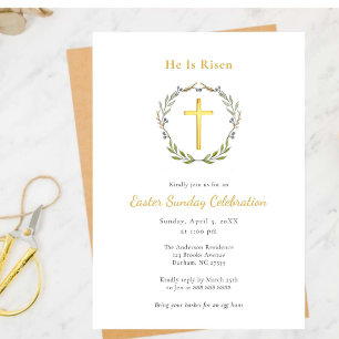 Invitation Elégant Il est Ressuscité Gold Cross Christian Pâq