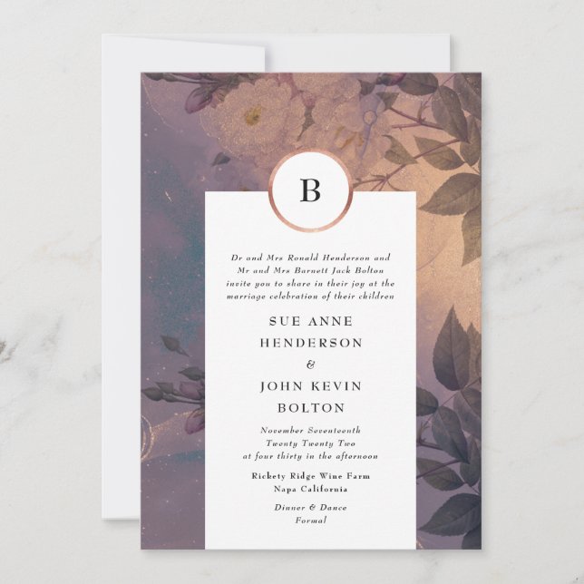 Invitation Elégant Imaginaire Floral Boho Rose or (Devant)