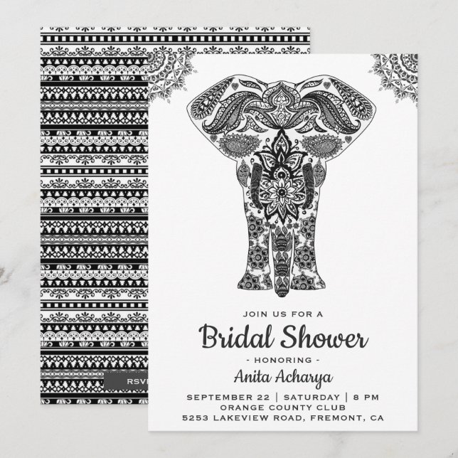 Invitation Elégant Indien Henna Elephant Fête des mariées Inv (Devant / Derrière)