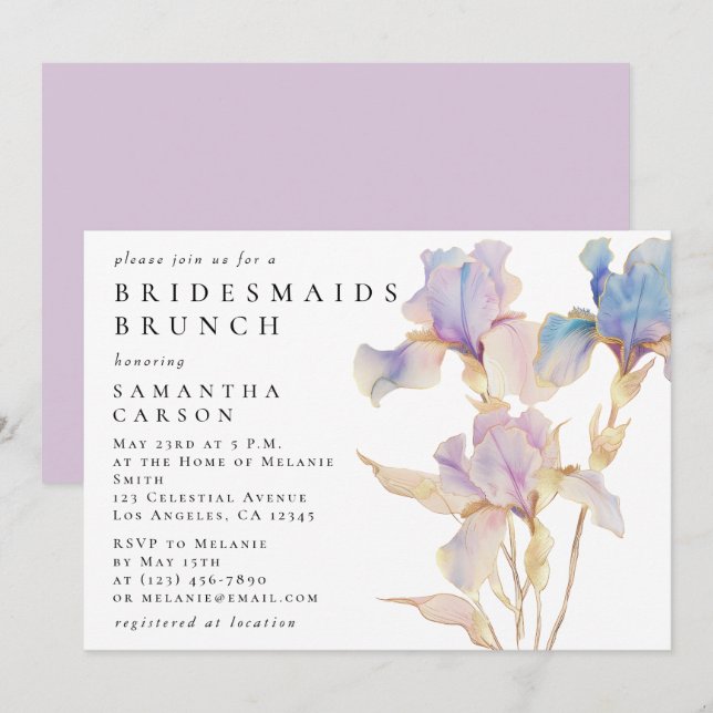 Invitation Elégant Iris Floral Aquarelle Bridesmaiers Brunch (Devant / Derrière)