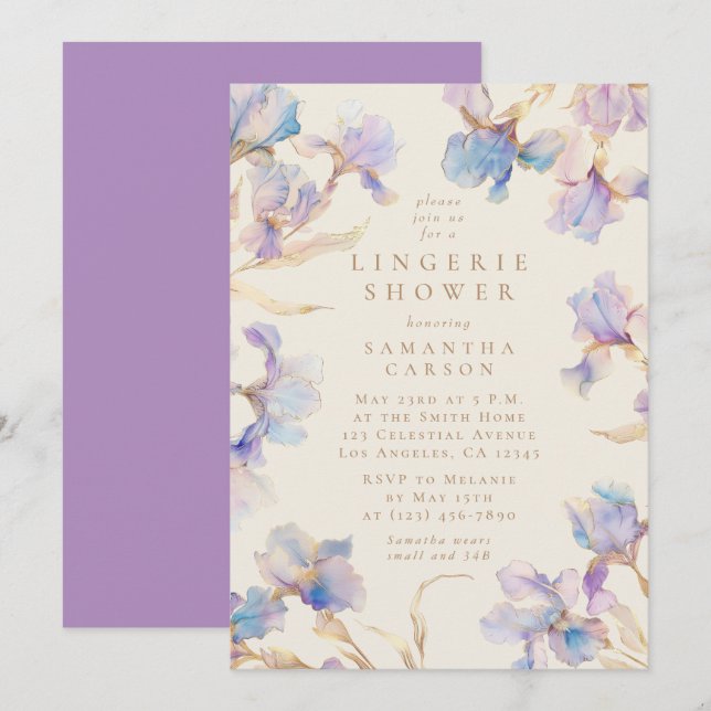 Invitation Elégant Iris Floral Aquarelle Lingerie Douche (Devant / Derrière)