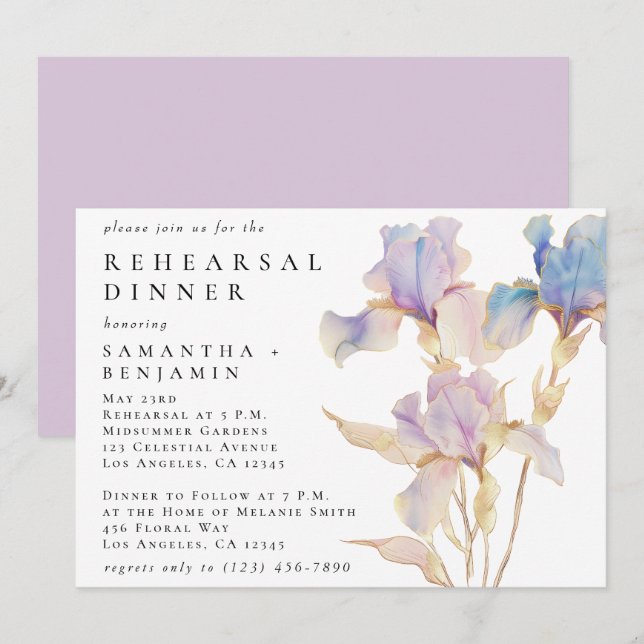Invitation Elégant Iris Floral Mariage Dîner de répétition (Devant / Derrière)