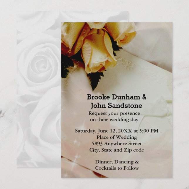 Invitation Élégant ivoire avec Mariage de roses jaunes et bla (Devant / Derrière)