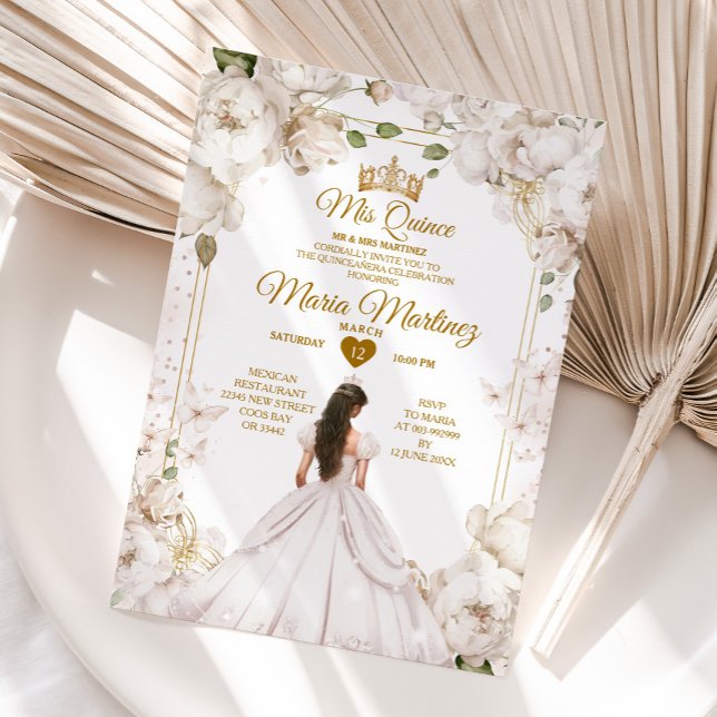 Invitation Elégant ivoire blanc floral espagnol fille Mis Qui (Créateur téléchargé)